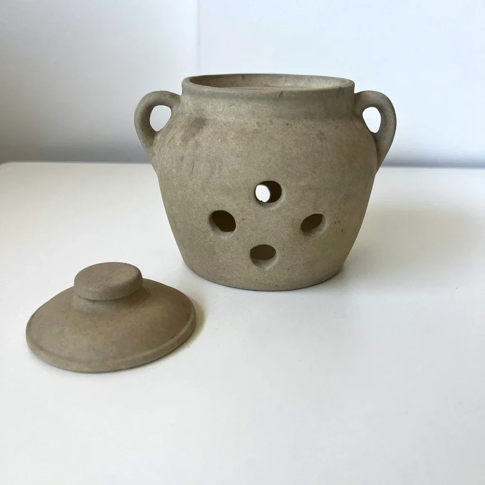 Vintage Studio Pottery Stoneware Garlic Keeper Leaf Mark USA Lid Kitchen Crock